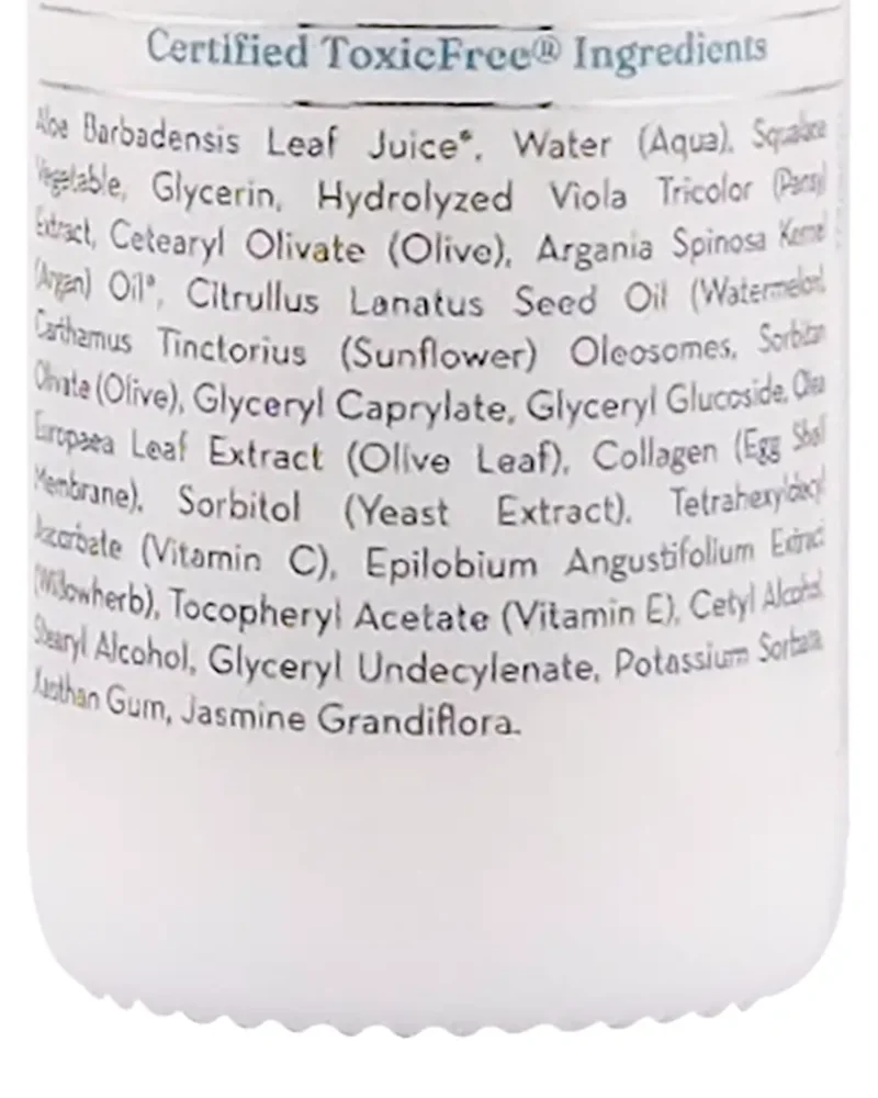 Its back label: Certified ToxicFree® Ingredients, every one listed, from aloe leaf juice to jasmine