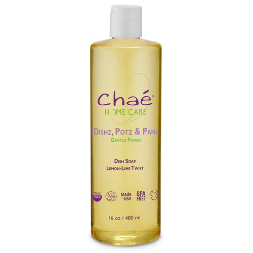 A 16-ounce bottle of Chaé Organics Dishz, Potz & Panz dish soap