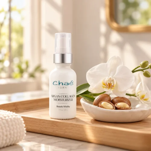 Chaé Argan Collagen Moisturizer on a wooden vanity tray with argan nuts and a white orchid