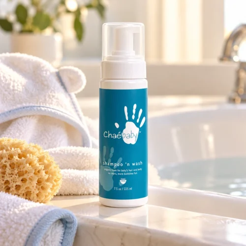 Chaé Baby Shampoo n' Wash (2 in 1) beside a bathtub with a hooded baby towel and a sea sponge