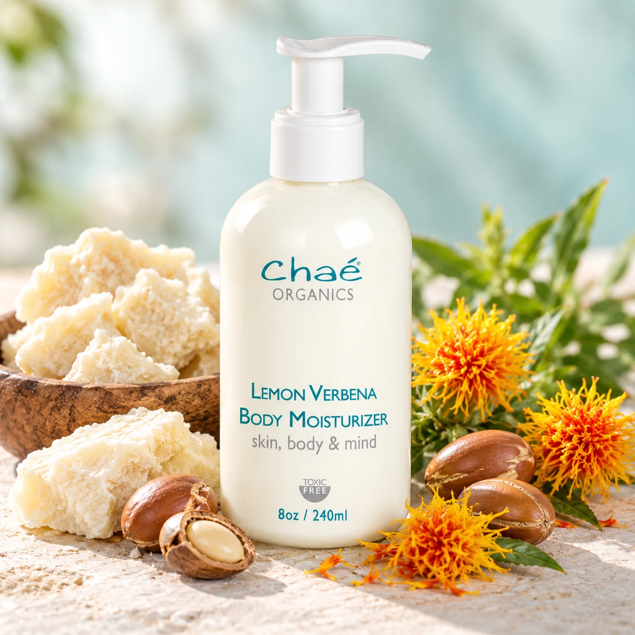 Body Moisturizer with chunks of raw ivory shea butter, a few argan nuts and a few yellow-orange safflower blossoms