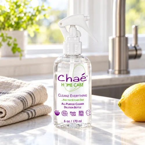 Chaé Cleanz Dilution Bottle filled, on a kitchen counter by the sink with a dish towel and a lemon