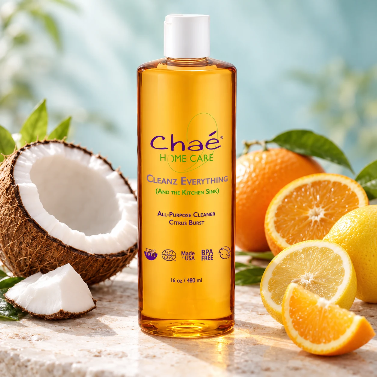 Cleanz Everything Citrus Burst with a halved coconut and a few fresh oranges and lemons