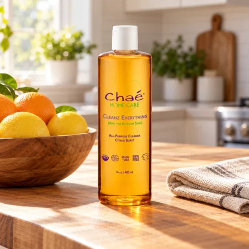 Chaé Cleanz Everything Citrus Burst (All-Purpose Cleaner) on a butcher-block kitchen island with oranges, lemons and a linen cloth