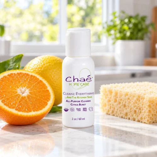 Chaé Cleanz Everything all-purpose cleaner (Citrus Burst), 2 oz travel size on a kitchen counter with an orange, a lemon and a sponge