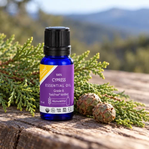 Chaé Cypress Essential Oil on a weathered plank with cypress sprigs and cones