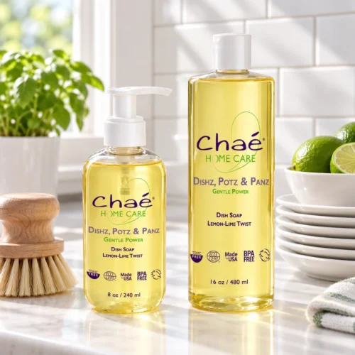 Chaé Dishz, Potz, & Panz Dish Soap – Tough on Grease, Mild on Hands — 8 oz and 16 oz, on a kitchen counter with a dish brush, plates and limes