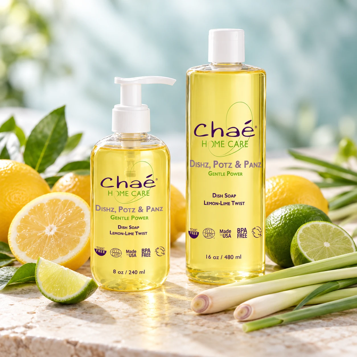Dishz, Potz, & Panz Dish Soap with fresh lemons and limes and a few lemongrass stalks