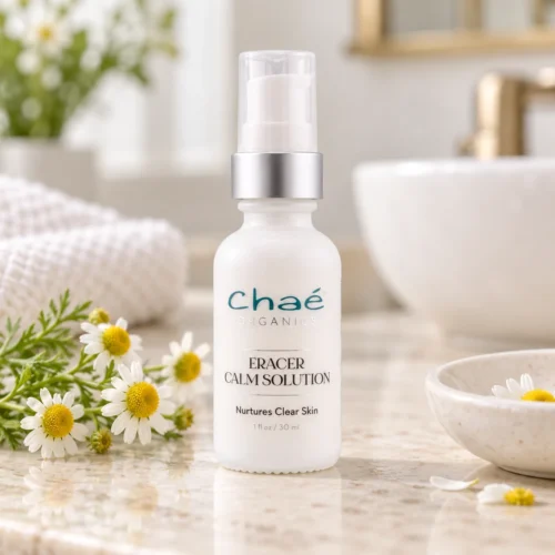 Chaé Eracer Calm Solution (Nurtures Clear Skin) on a stone counter with fresh chamomile flowers