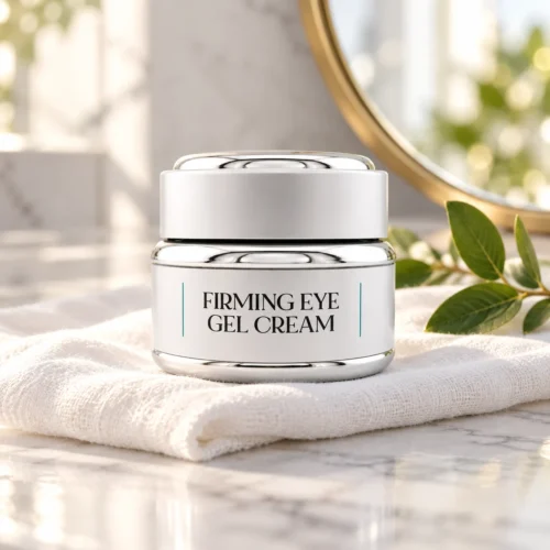 Chaé Firming Eye Gel Cream on white linen with a sprig of green leaves