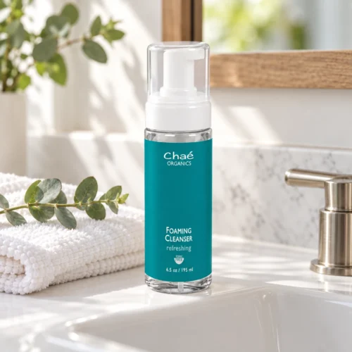 Chaé Foaming Cleanser on a bathroom sink with a white face cloth and eucalyptus