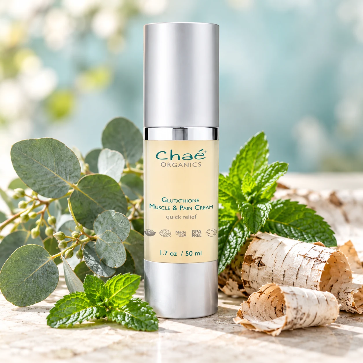 Glutathione with fresh eucalyptus sprigs, fresh peppermint leaves and a few curls of birch bark