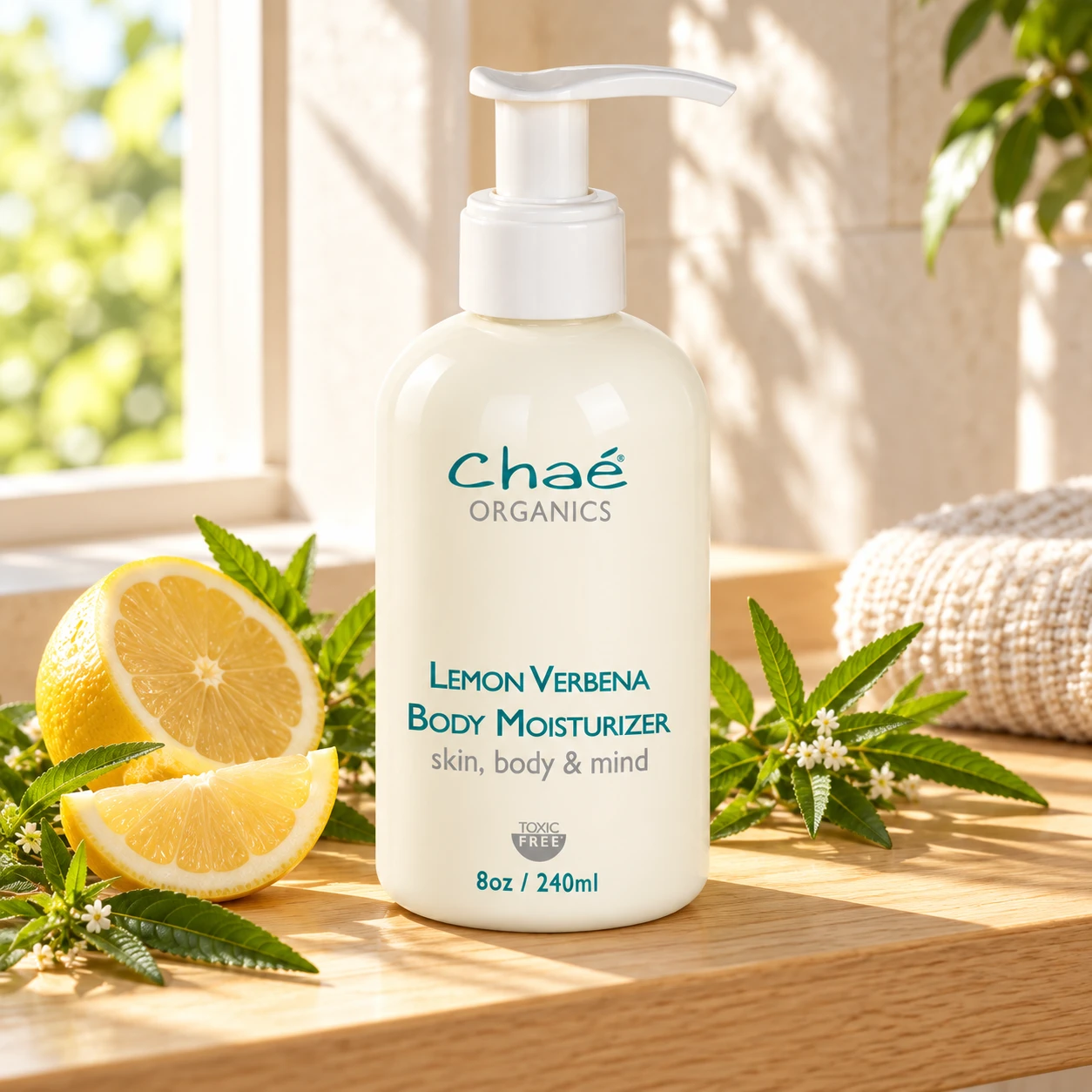 Chaé Body Moisturizer (Lemon Verbena) on a sunlit wooden shelf with lemon slices and lemon verbena sprigs