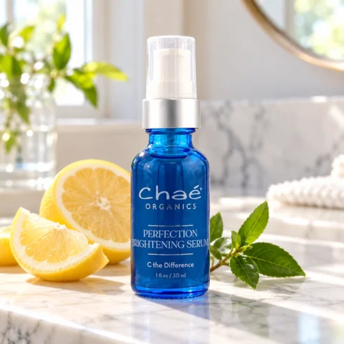 Chaé Perfection Brightening Serum on a marble vanity with lemon slices and green leaves