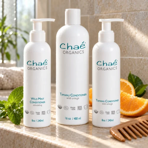 Chaé Hair Conditioner (Tamanu Wild Orange) — Wild Mint and Tamanu Wild Orange, 8 oz and 16 oz, on a stone shower ledge with orange slices and mint