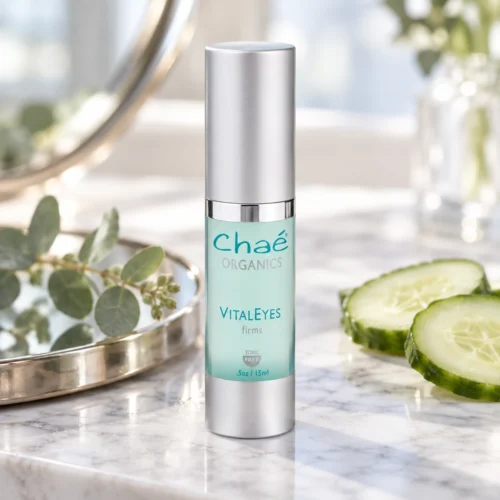Chaé VitalEyes (Eye Firming) on a marble vanity with cucumber slices and eucalyptus