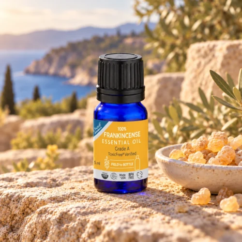 Chaé Frankincense Essential Oil on a weathered stone ledge beside a small dish of golden frankincense resin