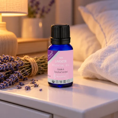 Chaé Lavender Essential Oil on a bedside table with dried lavender