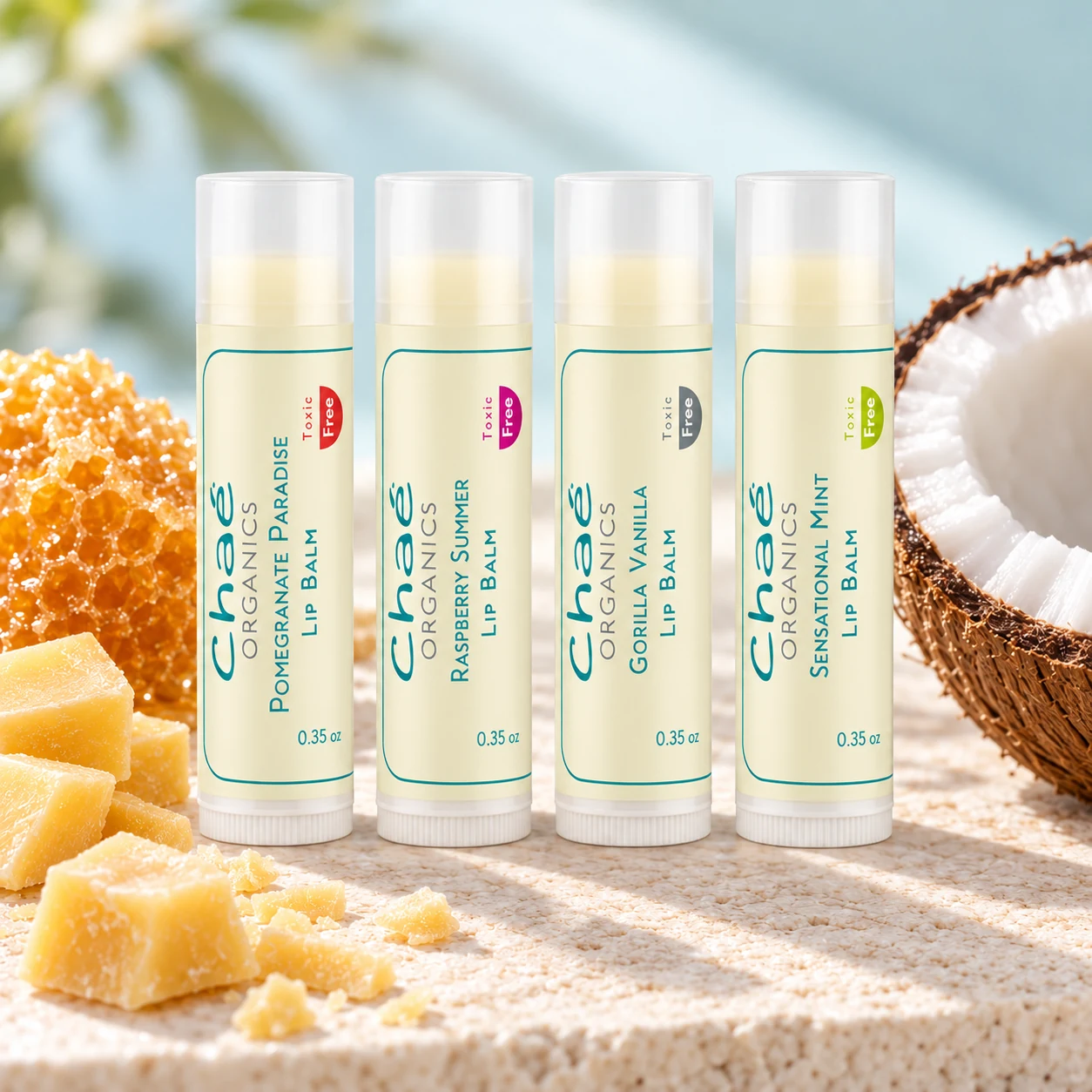 Lip Balm with a piece of golden honeycomb, a few blocks of natural beeswax and a halved coconut