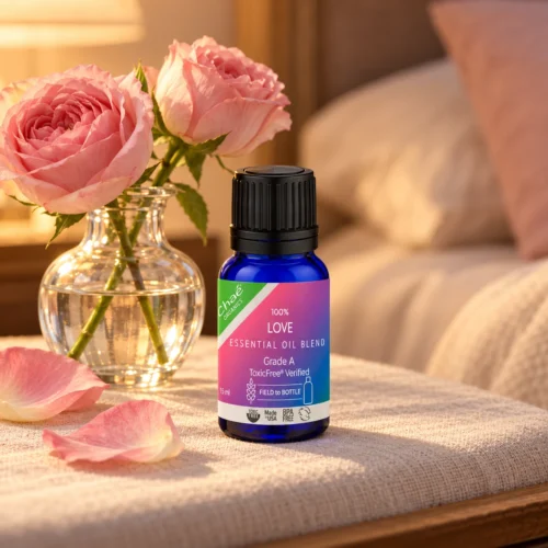 Chaé Love Essential Oil Blend on a bedside table with pink roses