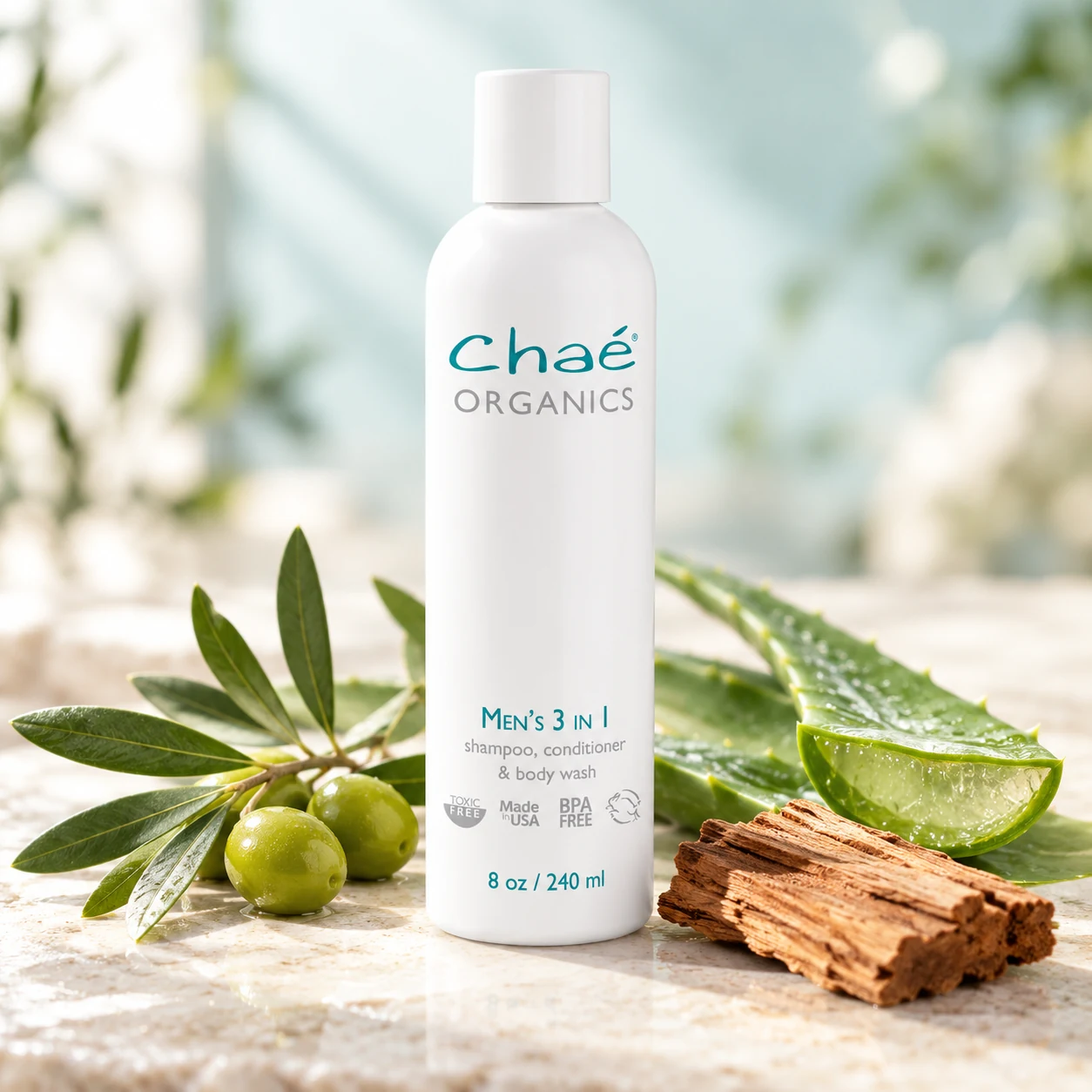 Men’s 3 in 1 Organic Shampoo, Conditioner, and Body Wash with a small olive branch with leaves, a split fresh aloe vera leaf and a piece of cedar wood