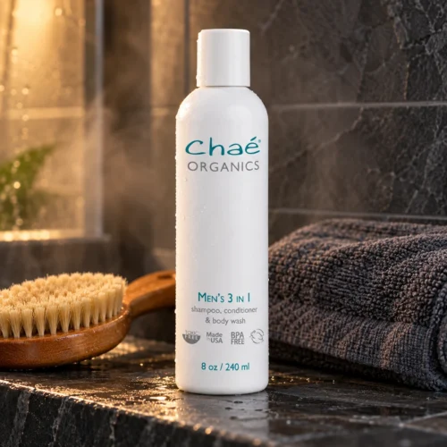 Chaé Men's 3 in 1 Organic Shampoo, Conditioner, and Body Wash on a dark stone shower ledge with a wooden bath brush and a charcoal towel