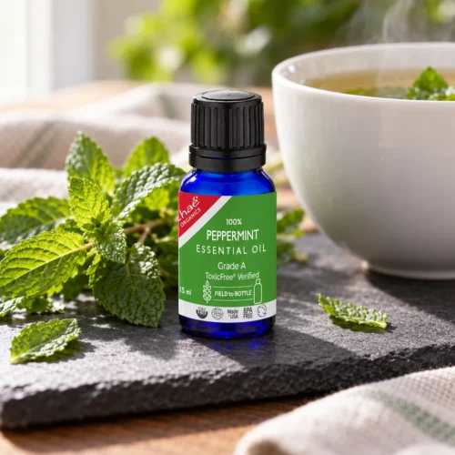 Chaé Peppermint Essential Oil on a slate board with fresh peppermint and a cup of mint tea