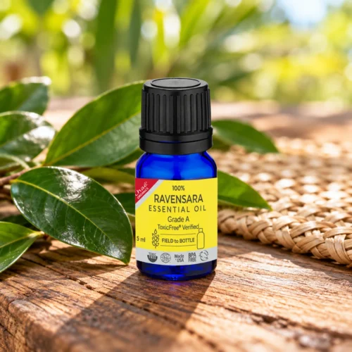 Chaé Ravensara Essential Oil on a teak board with green leaves and a woven mat