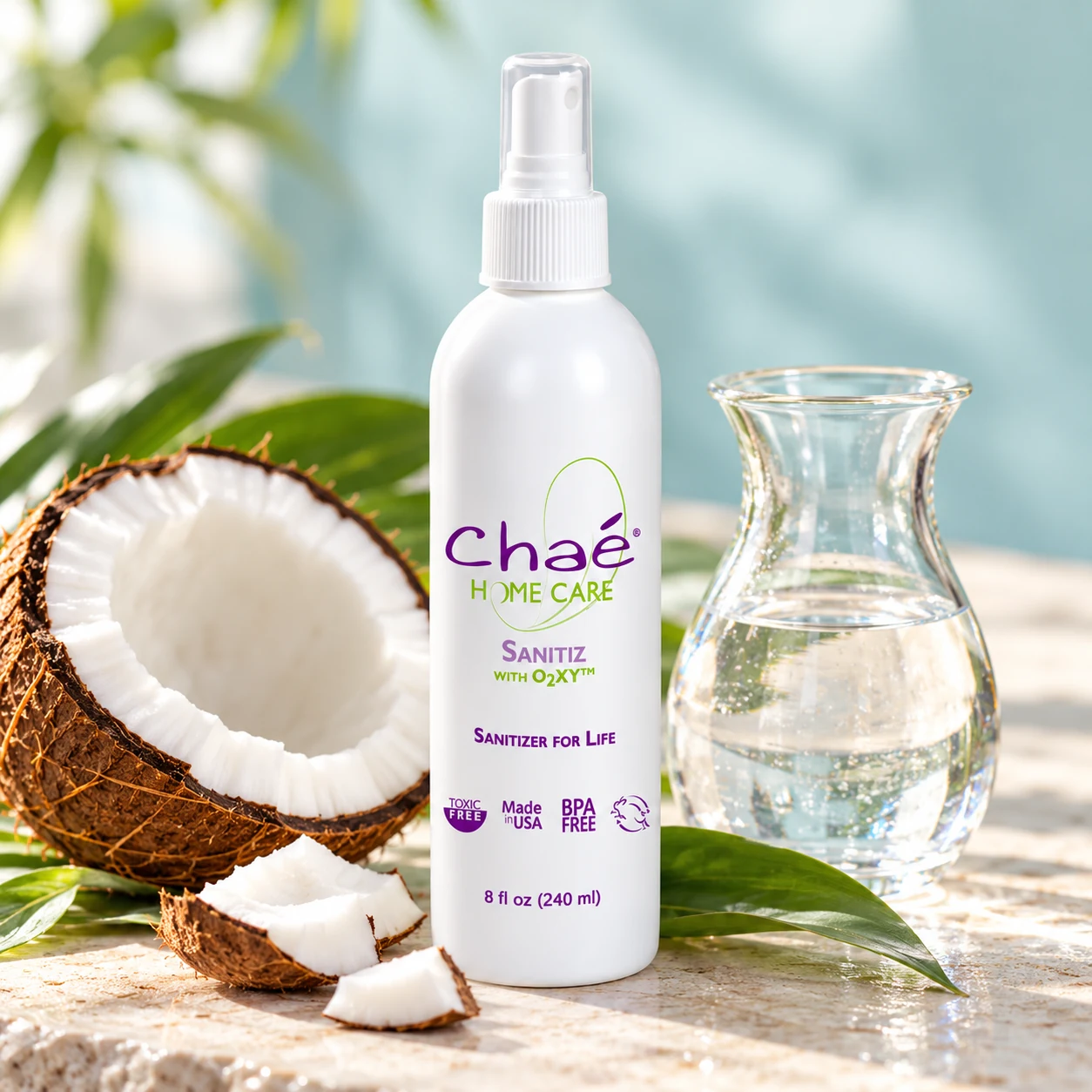 Sanitiz with a halved coconut and a small glass carafe of clear water