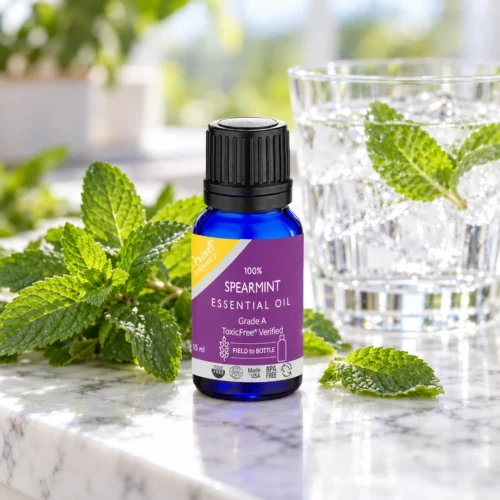Chaé Spearmint Essential Oil on marble with fresh spearmint and a glass of ice water