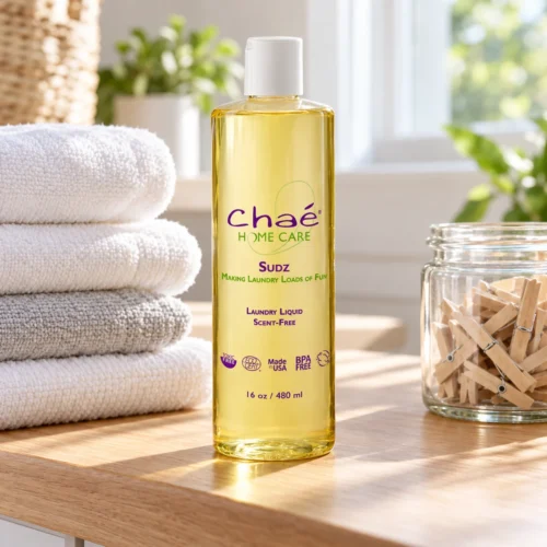 Chaé Sudz Laundry Liquid Concentrate (Scent Free) on a laundry-room counter with folded towels and wooden clothespins