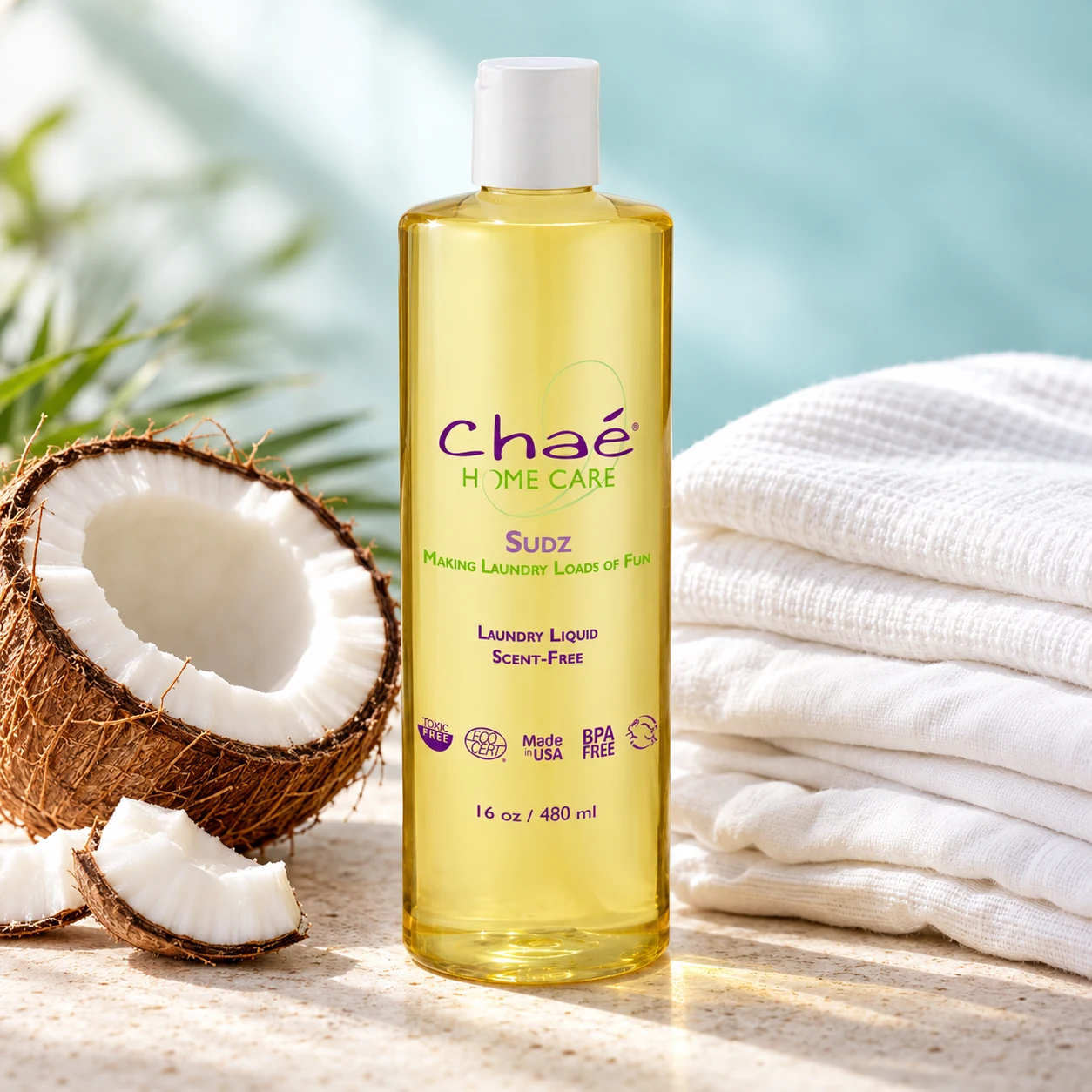 Sudz Laundry Liquid Concentrate with a halved coconut and a stack of folded white linens