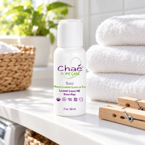 Chaé Sudz Laundry Liquid (Scent Free) on a laundry room shelf with folded towels and clothespins