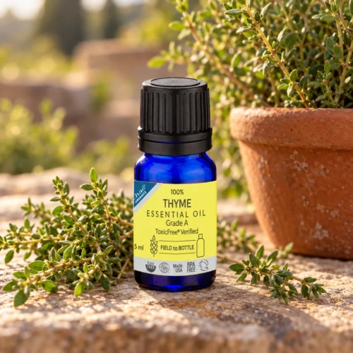 Chaé Thyme Essential Oil on sunlit stone with fresh thyme and a terracotta pot