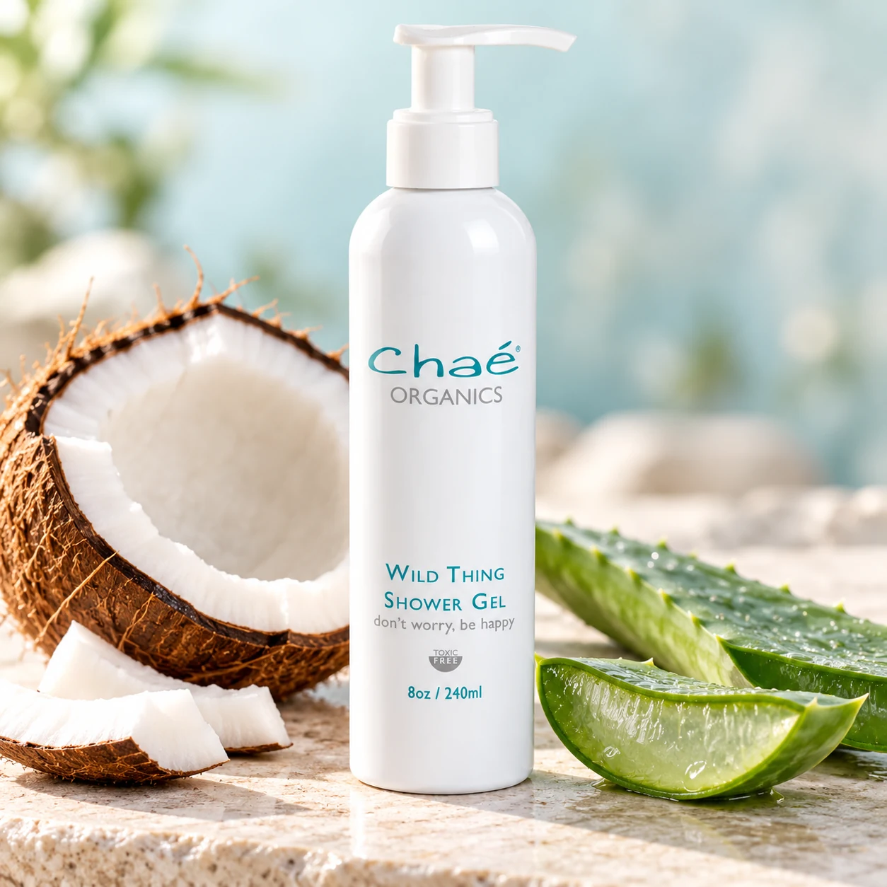 Wild Thing Shower Gel with a split fresh aloe vera leaf and a halved coconut