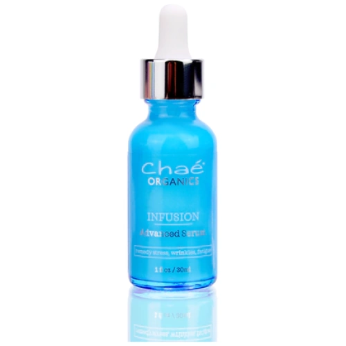 Photo of Chaé’s new INFUSION Advanced Serum that contains multi-functional cell boosting, anti-aging ingredients. Studies confirm the ingredients in our formula have been shown to work quickly, reducing cortisol production by almost 70 percent within just a few hours. A unique flower in this formula also stimulates a calming neuropeptide to counter the damaging effects of stress, protecting the collagen architecture within the skin. Other plants synergistically help the skin recover and stop time.