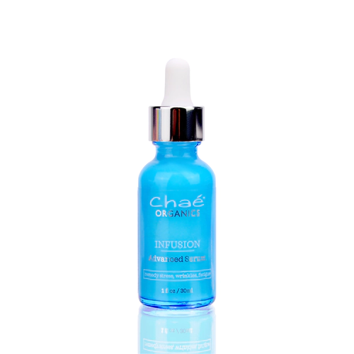 Photo of Chaé’s new INFUSION Advanced Serum that contains multi-functional cell boosting, anti-aging ingredients. Studies confirm the ingredients in our formula have been shown to work quickly, reducing cortisol production by almost 70 percent within just a few hours. A unique flower in this formula also stimulates a calming neuropeptide to counter the damaging effects of stress, protecting the collagen architecture within the skin. Other plants synergistically help the skin recover and stop time.