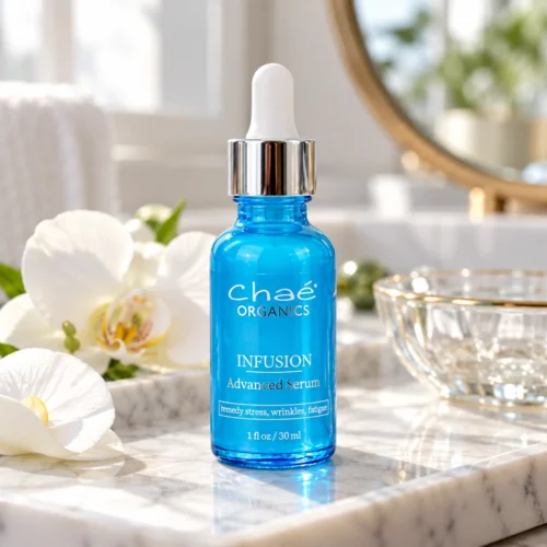 Chaé INFUSION Advanced Serum (Visible Skin Radiance) on a marble vanity with white orchids