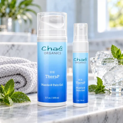 Chaé ICE TheraP (Cooling Muscle and Joint Gel) — 3.7 oz and 1 oz, on a marble ledge with a grey towel, ice and mint