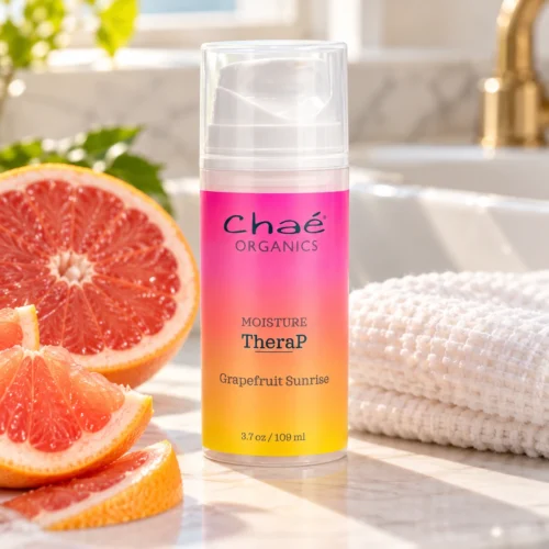 Chaé MOISTURE TheraP (Intense Moisturizing Treatment) on a sunny bathroom counter with pink grapefruit and a waffle towel
