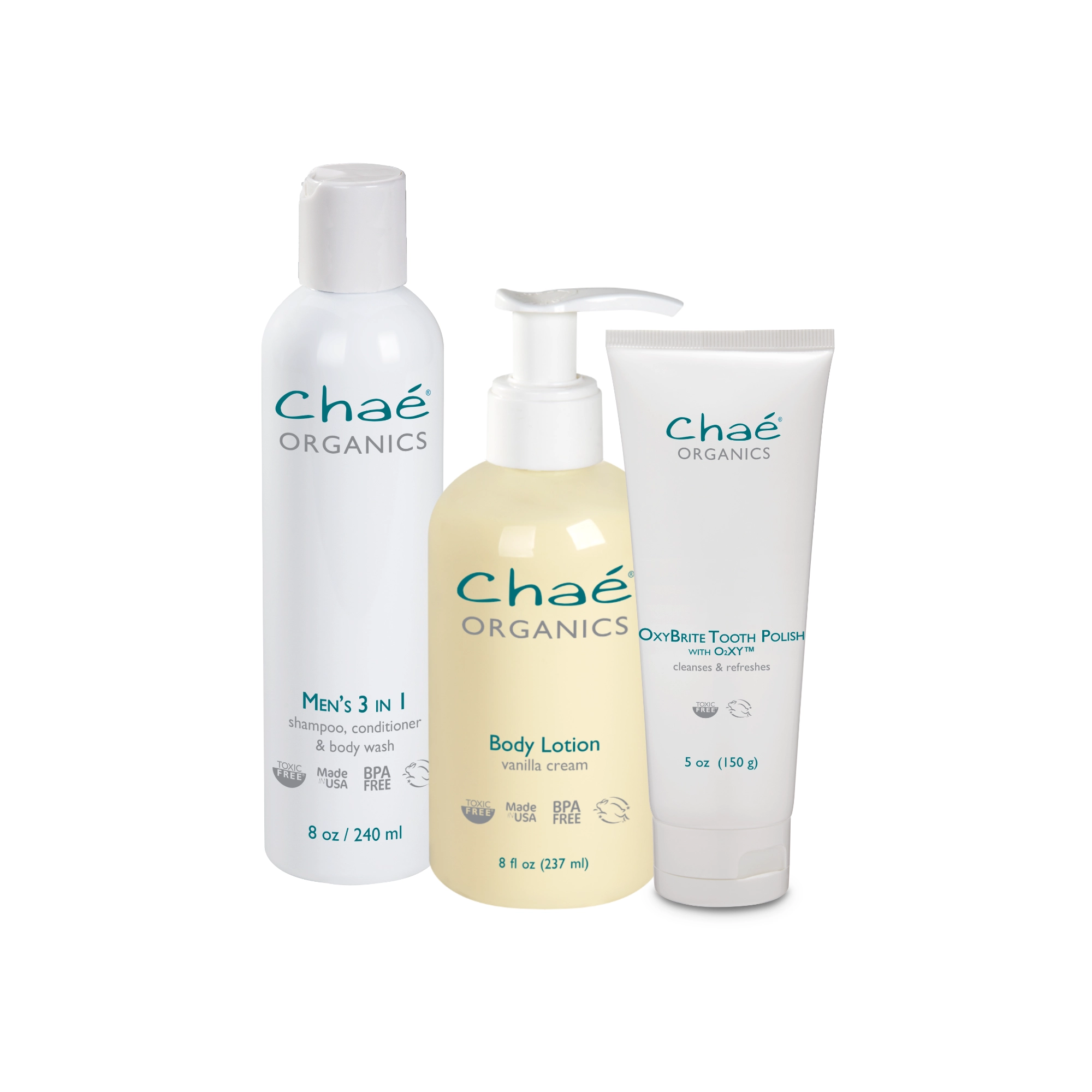 Men's Basics Kit includes Men's 3-in-1 shampoo, conditioner, body wash; Fluoride Fee Tooth Polish; and Vanilla Cream Body Lotion