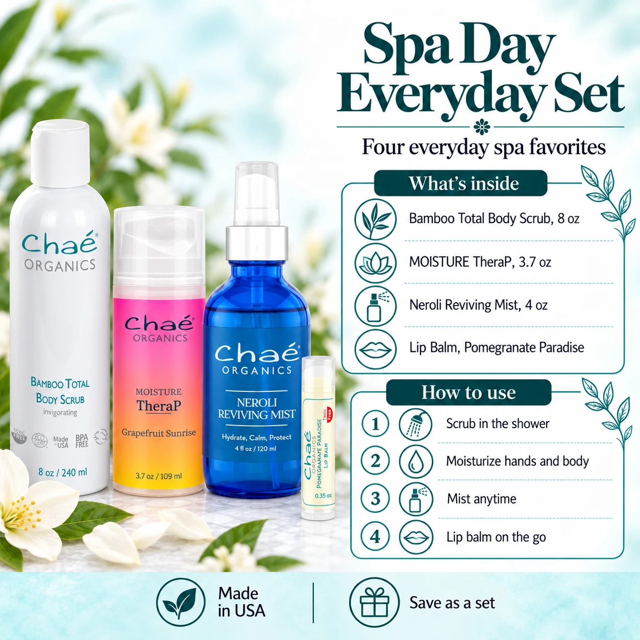 ChaĆ© Spa Day Everyday Set ā infographic: whatās inside and how to use