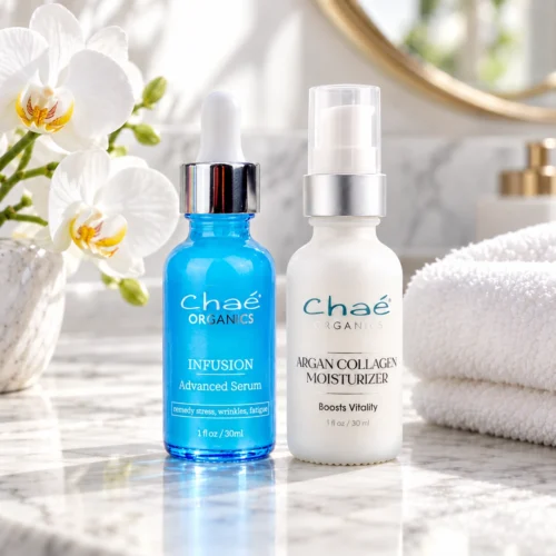 Chaé Influencer Favorite Duo — INFUSION Advanced Serum and Argan Collagen Moisturizer together on a marble counter with an orchid