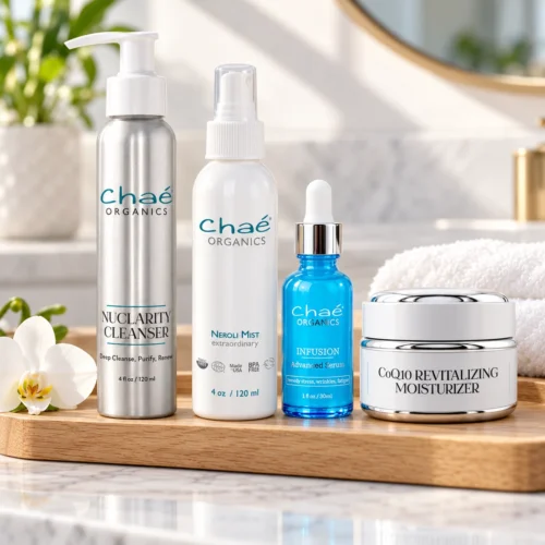 Chaé ToxicFree® Daily Routine — NuClarity Cleanser, Neroli Mist, INFUSION Advanced Serum and CoQ10 Revitalizing Moisturizer on a bathroom tray
