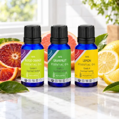 Chaé Citrus Trio — Blood Orange, Grapefruit and Lemon Essential Oils on a sunny marble counter with cut citrus