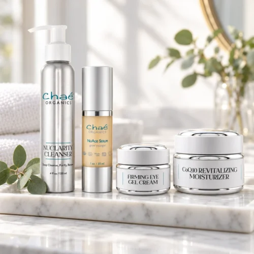 Chaé Complete Firming Routine — NuClarity Cleanser, NuAge Peptide Serum, Firming Eye Gel Cream and CoQ10 Revitalizing Moisturizer on a marble tray