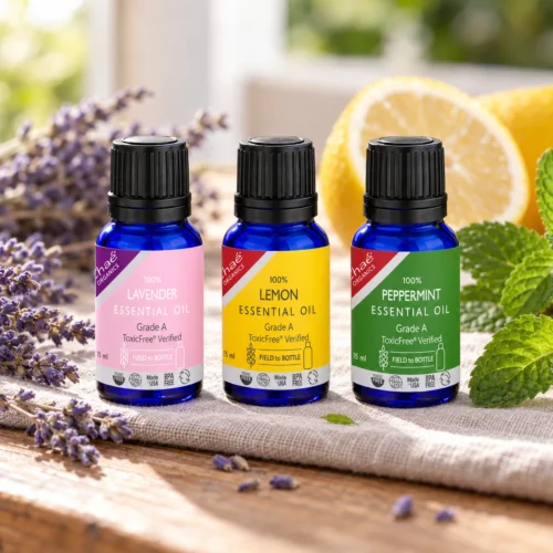 Chaé Essential Oil Trio (Pick Any 3) — Lavender, Lemon and Peppermint on a linen cloth with dried lavender, lemon and mint