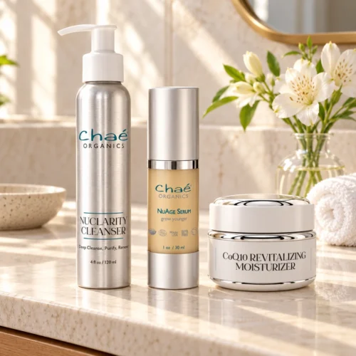 Chaé Firming Routine — NuClarity Cleanser, NuAge Peptide Serum and CoQ10 Revitalizing Moisturizer on a stone vanity with white flowers