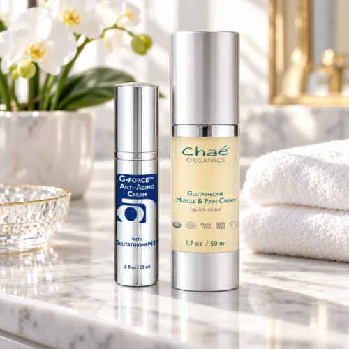 Chaé Glutathione Face & Body — G-Force Glutathione Cream and Glutathione body cream on a white marble bathroom vanity