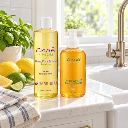 Chaé Kitchen Sink Duo — Dishz, Potz & Panz Dish Soap and Wild Ginger Hand Wash beside a kitchen sink with lemons and limes